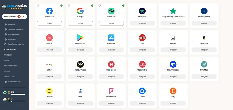 Captura del panel del equipo: pantalla de integraciones con Google, TripAdvisor, Booking y otras plataformas